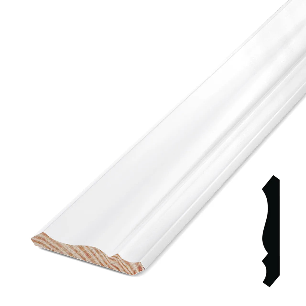 The Go Build 9/16 in. x 3-5/8 in. x 12 ft. Primed Finger Jointed Pine Crown Moulding Pro Pack features a smooth, detailed profile, shown with a black silhouette highlighting this elegant mouldings side view.